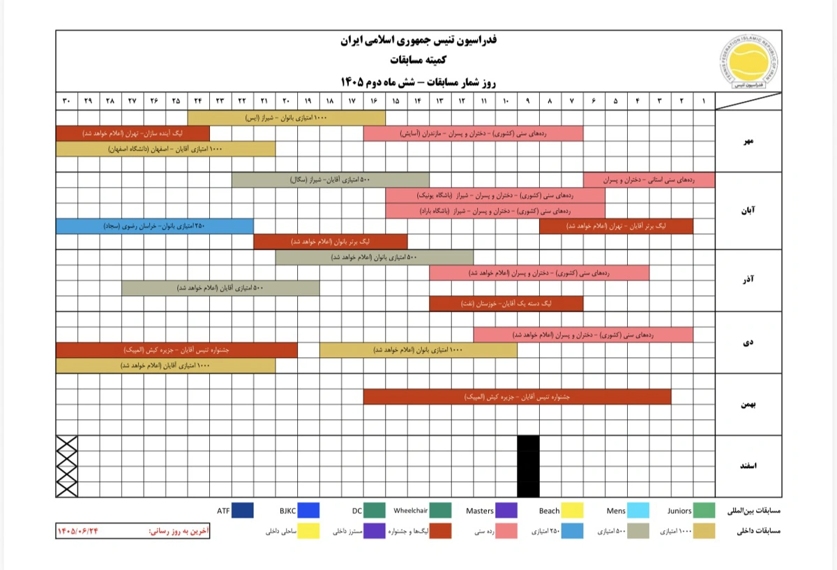 تصویری از تقویم رویدادهای تنیس روی میز سال ۱۴۰۵ فدراسیون تنیس روی میز جمهوری اسلامی ایران